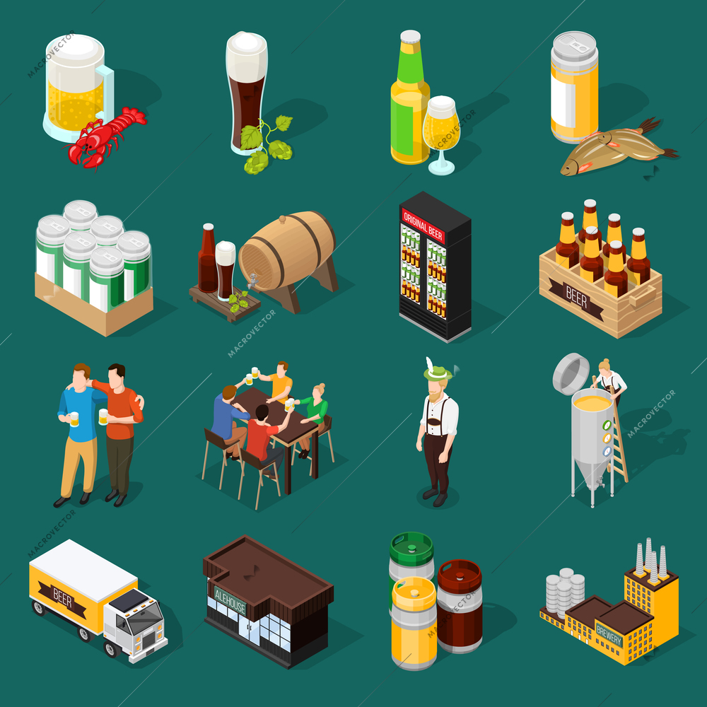 Beer isometric decorative icons set of mug wineglasses  keg box with bottle dried fish and brewing plant vector illustration