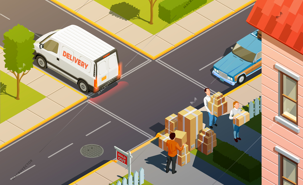 Moving people isometric urban composition with delivery service car and agents carrying goods in carton boxes vector illustration