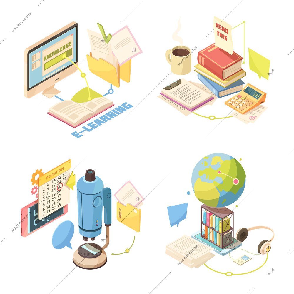 E-learning isometric design concept with files with knowledge, curriculum, audio textbooks, educational equipment  isolated vector illustration