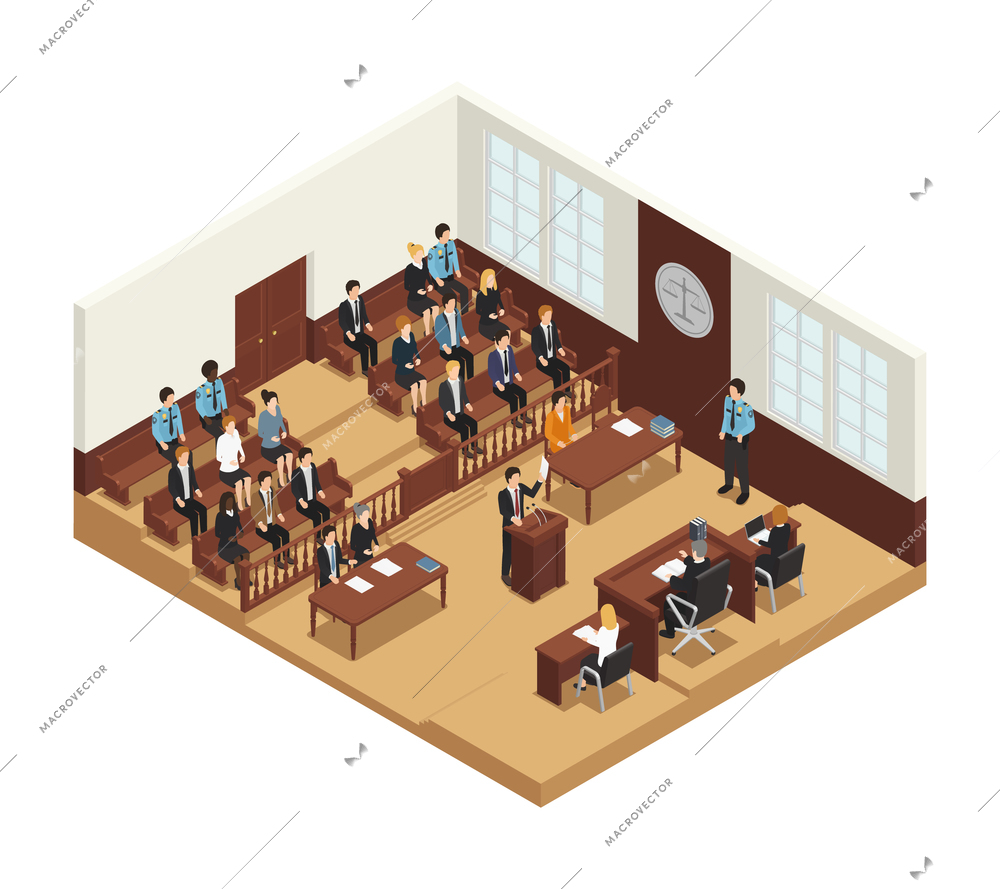 Law justice criminal trial courtroom proceedings with judge jury witness stand and audience isometric composition vector illustration