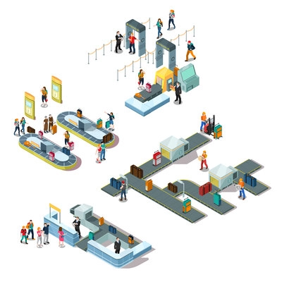 Airport isometric compositions with tourists during registration, near baggage carousel, staff sorting luggage isolated vector illustration