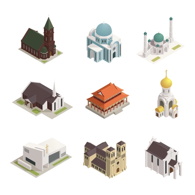 World religions buildings isometric icons set with orthodox church catholic cathedral temple synagogue mosque isolated vector illustration