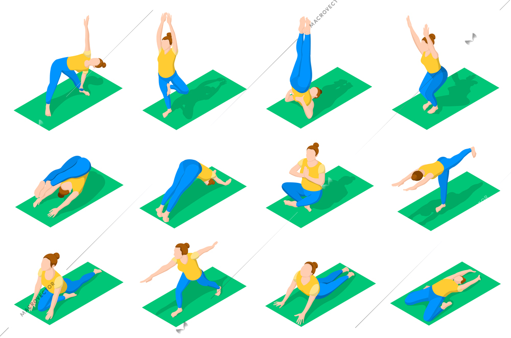 Fitness and gymnastics exercises isometric colored icons with people in yoga poses on green mat isolated vector illustration