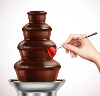Colored realistic with dip strawberry into chocolate fountain composition or chocolate fondue vector illustration