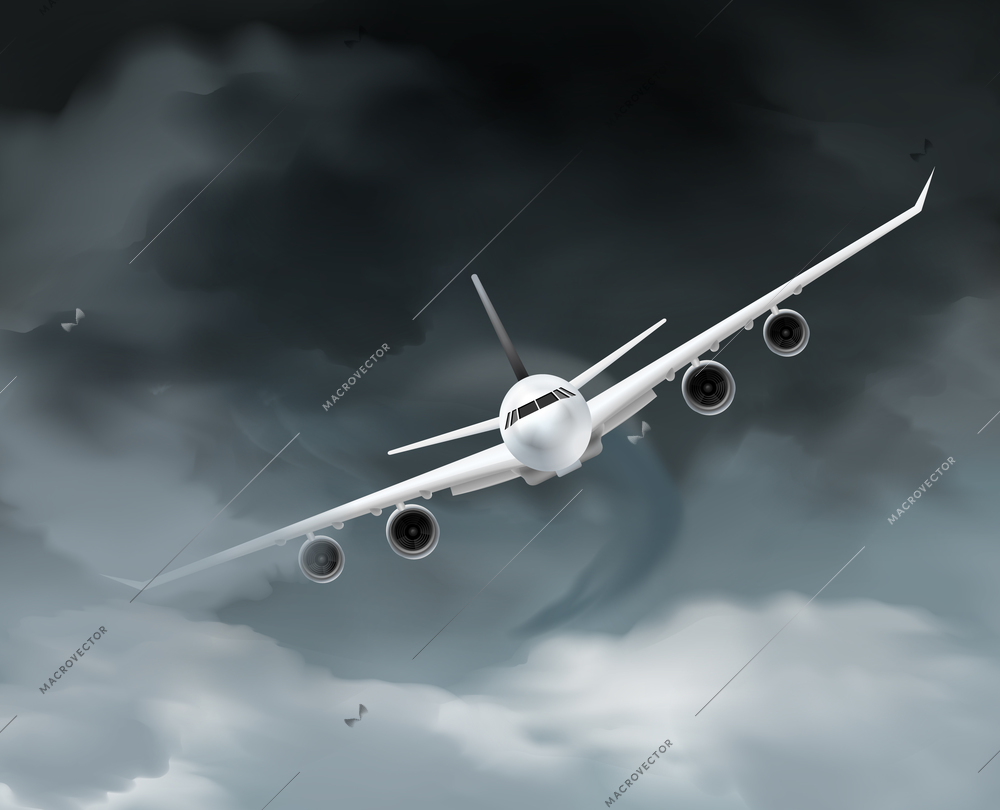 Airplane realistic composition with front view image of flying four motored aircraft and grey rainy clouds background vector illustration