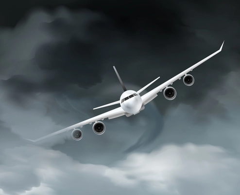 Airplane realistic composition with front view image of flying four motored aircraft and grey rainy clouds background vector illustration