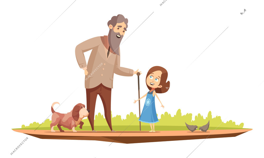 Old man senior character with cane walking with little girl and doggy outside retro cartoon poster vector illustration