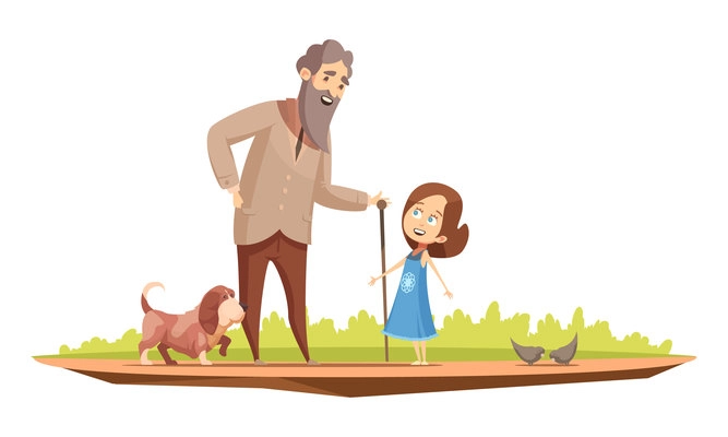 Old man senior character with cane walking with little girl and doggy outside retro cartoon poster vector illustration