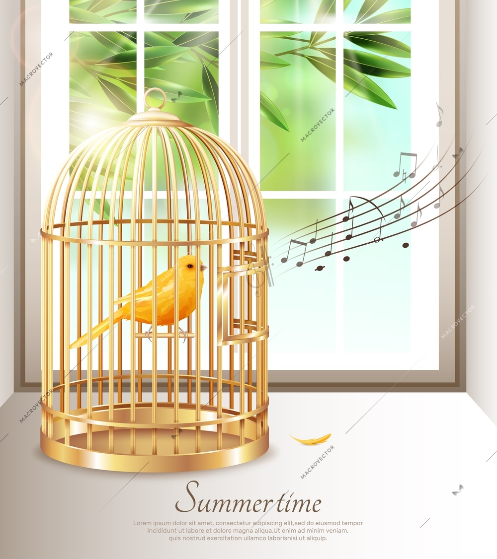 Canary singing in golden birdcage with music notes in summer time on background of window vector illustration