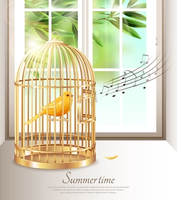 Canary singing in golden birdcage with music notes in summer time on background of window vector illustration