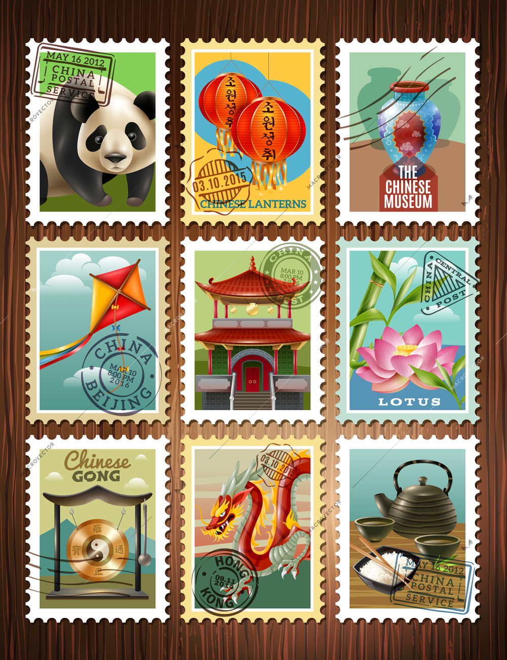 Chinese culture traditions architecture colorful postage stamps set with panda pagoda dragon lotus tea ceremony poster vector illustration