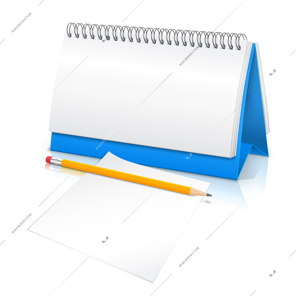 Spiral desk business office calendar planner 3d mockup with pencil and paper sheet vector illustration
