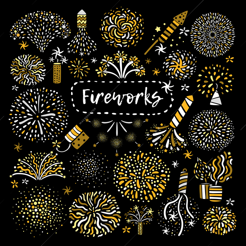 Golden yellow festive different types firework shapes icons composition on black background set poster abstract vector illustration