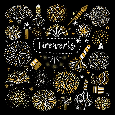 Golden yellow festive different types firework shapes icons composition on black background set poster abstract vector illustration