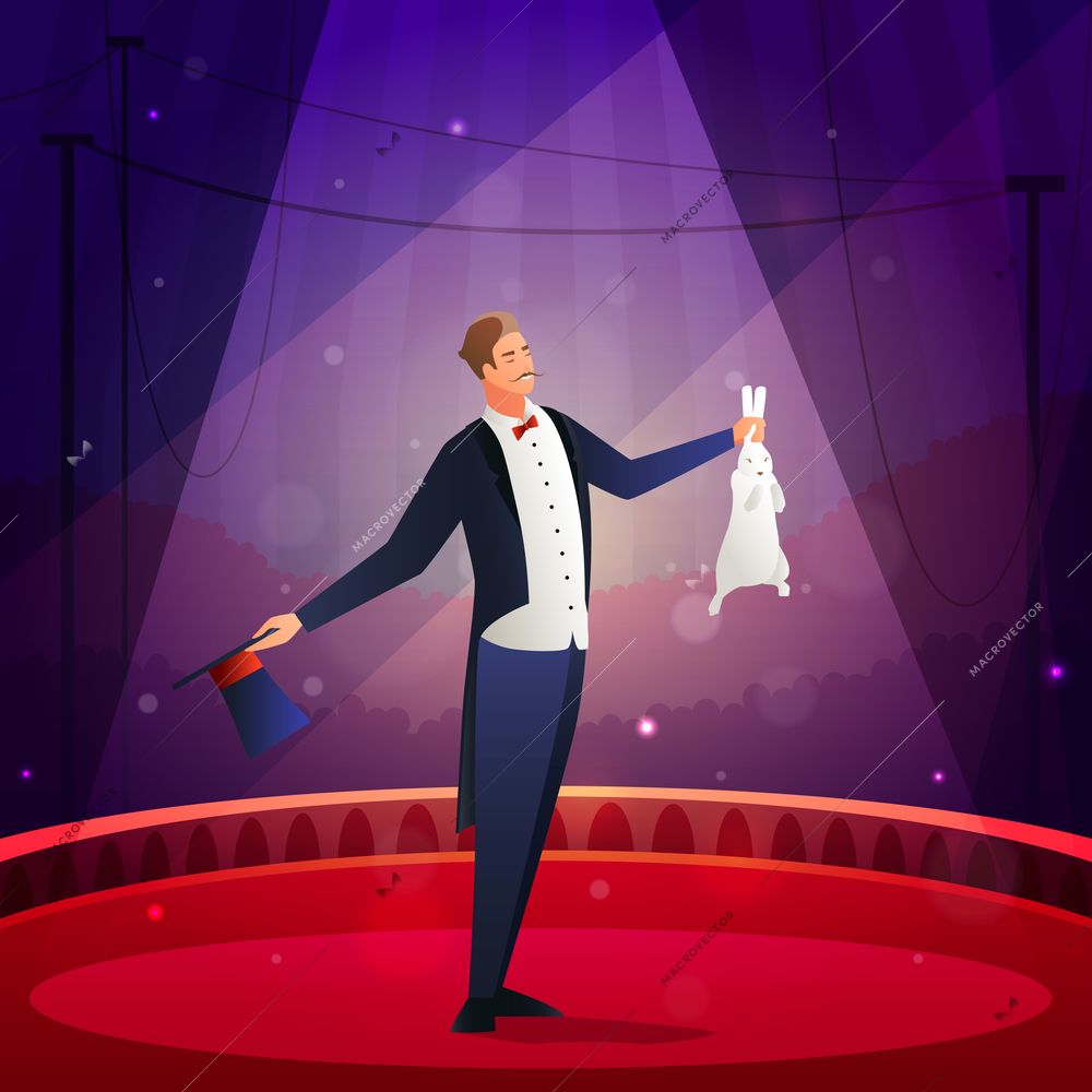 Magic show composition with illusionist  performing trick with the rabbit and hat flat vector illustration