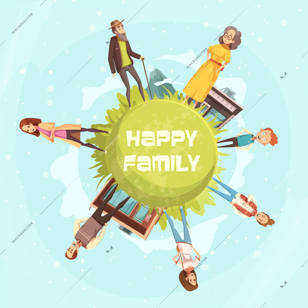 Happy family circular background with relatives figurines of mother, father daughter son grandfather grandmother cartoon vector illustration
