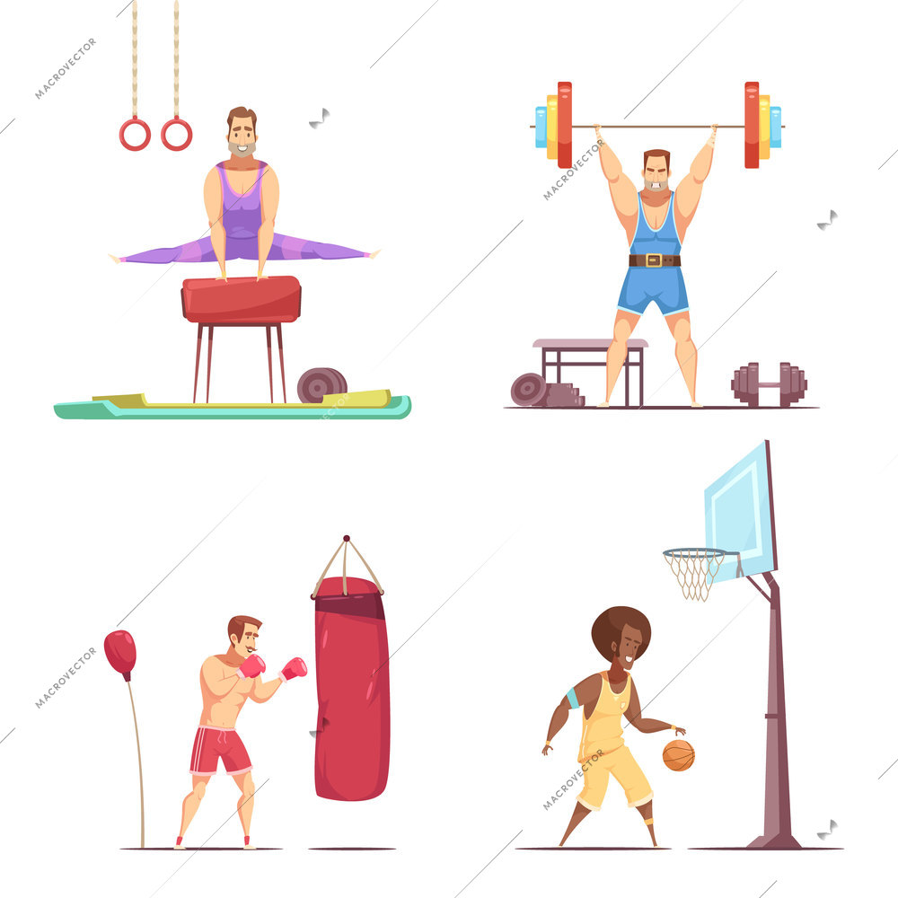 Sportsman retro cartoon set of flat isolated doodle style compositions of male athlete characters doing sports vector illustration