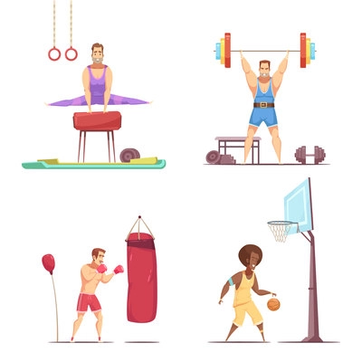 Sportsman retro cartoon set of flat isolated doodle style compositions of male athlete characters doing sports vector illustration