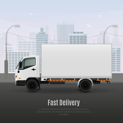 Cargo vehicle for fast delivery realistic composition in white grey colors on city background vector illustration