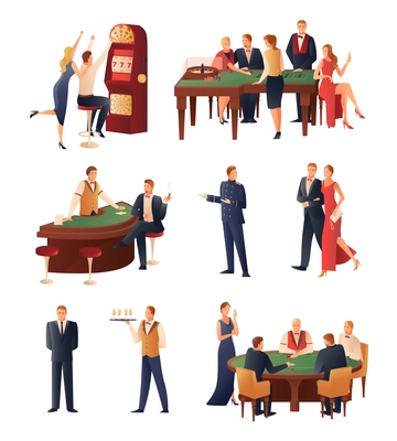 Casino and gambling icons set with slot machine and roulette flat isolated vector illustration