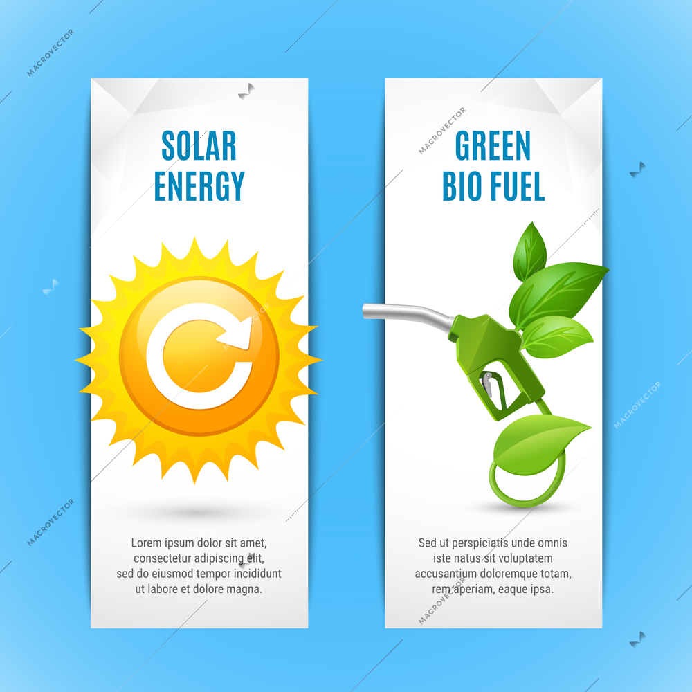 Ecology vertical banners in paper style with solar energy and green bio fuel realistic compositions vector illustration