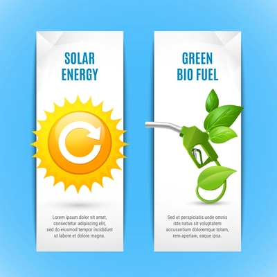 Ecology vertical banners in paper style with solar energy and green bio fuel realistic compositions vector illustration