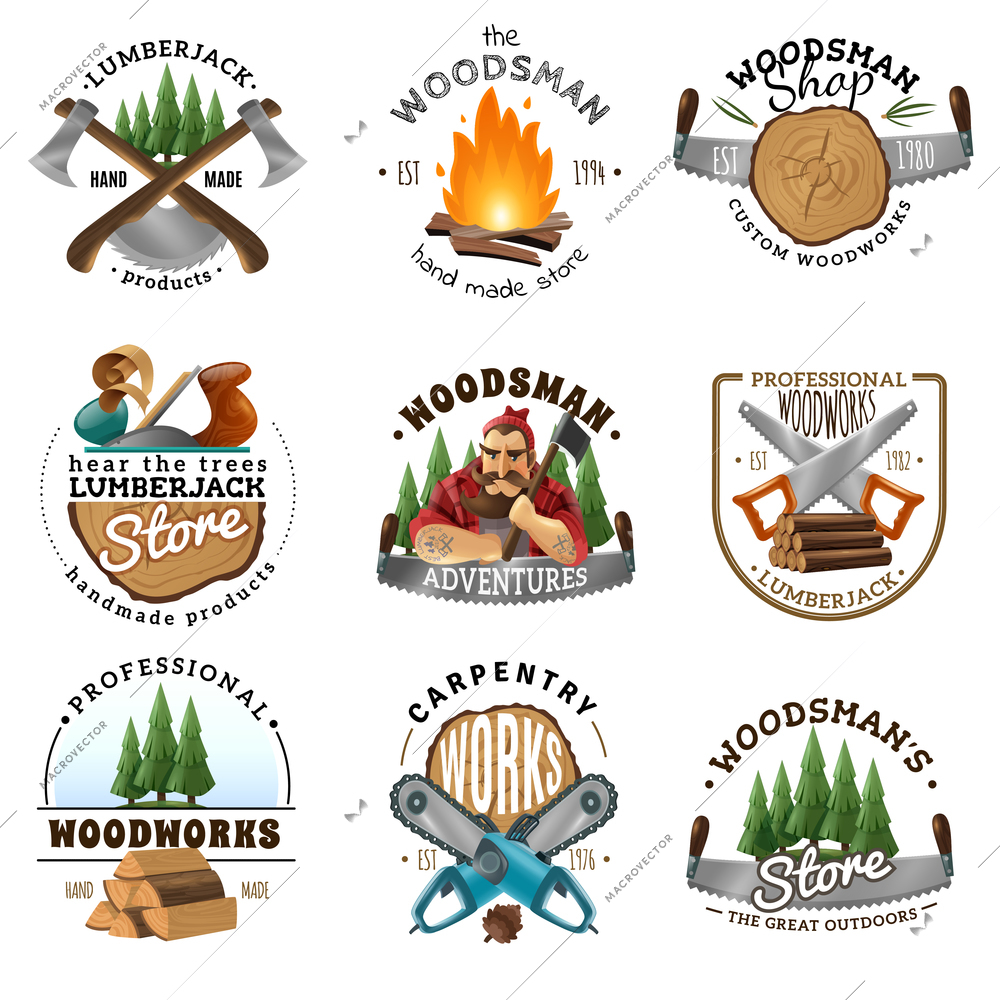 Lumberjack woodsman carpentry shop 9 labels logo emblems design collection with ax saw campfire isolated vector illustration