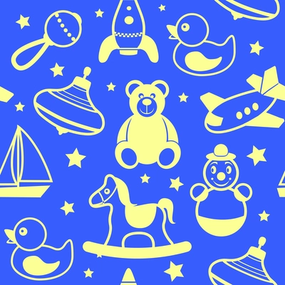 Children toys silhouette collection wallpaper with teddy bear rubber duck  rocking horse vector illustration