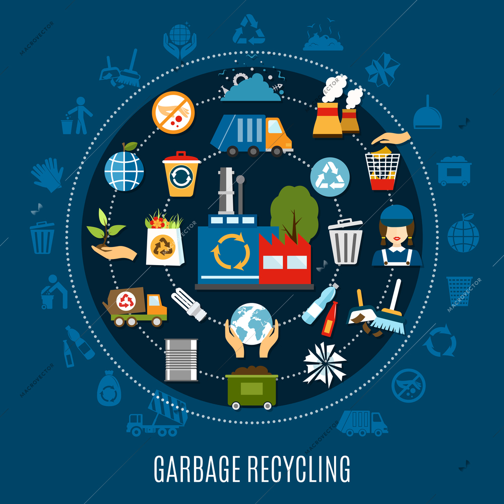 Garbage recycling circle composition with isolated silhouette icons and waste treatment pictograms located along concentric circles vector illustration