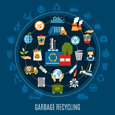 Garbage recycling circle composition with isolated silhouette icons and waste treatment pictograms located along concentric circles vector illustration