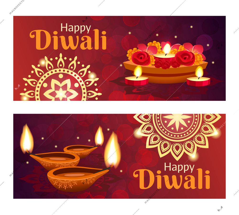 Beautiful happy diwali horizontal banners set with accessories for holiday realistic isolated vector illustration