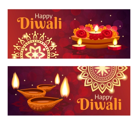 Beautiful happy diwali horizontal banners set with accessories for holiday realistic isolated vector illustration