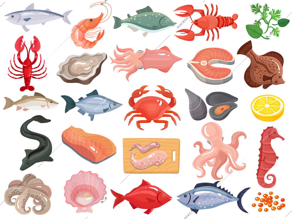 Seafood dinner menu items flat icons big set with crab crayfish oyster mollusk tuna salmon vector illustration