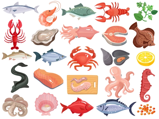 Seafood dinner menu items flat icons big set with crab crayfish oyster mollusk tuna salmon vector illustration