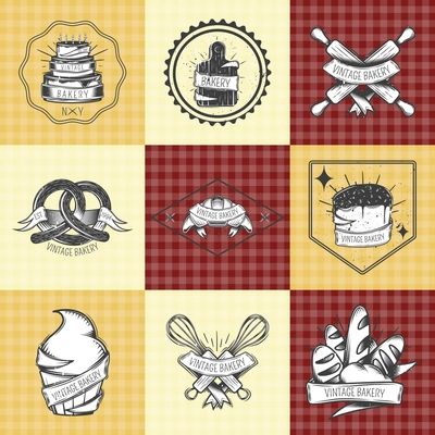 Bakery vintage compositions set with pastry, bread, culinary tools on beige and checkered backgrounds isolated vector illustration