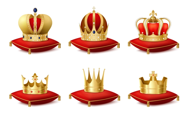 Heraldic royal crowns on cushions realistic set isolated vector illustration