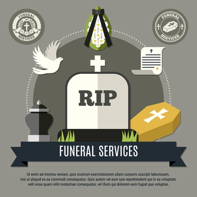 Funeral services concept with wreath tomb and dove flat vector illustration
