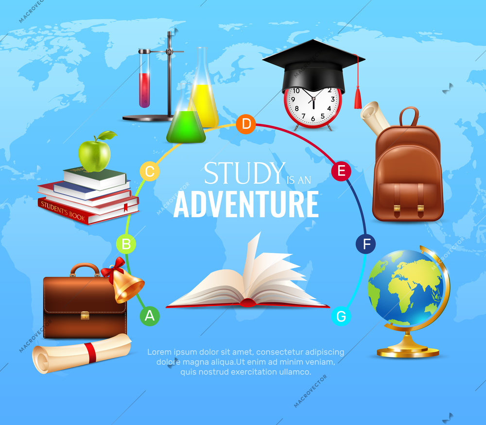 Study and learning concept with school and university symbols cartoon vector illustration