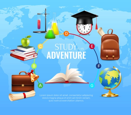 Study and learning concept with school and university symbols cartoon vector illustration