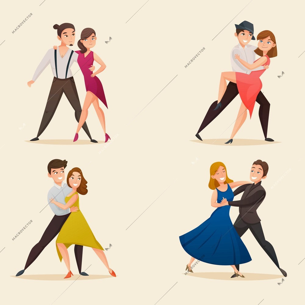 Dance pairs 4 retro cartoon icons set with waltz tango and salsa styles moves isolated vector illustration