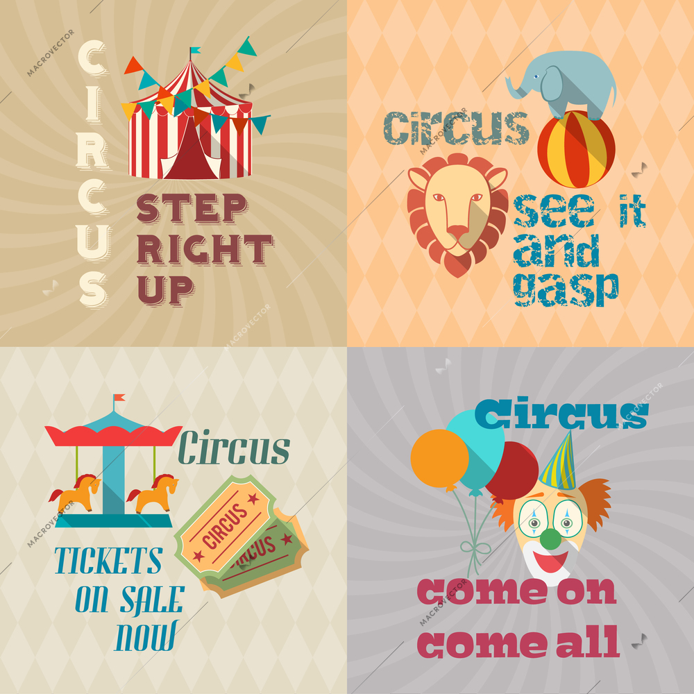 Four retro travel chapiteau circus clown entertaiment exotic animals performance icons composition poster flat isolated vector illustration