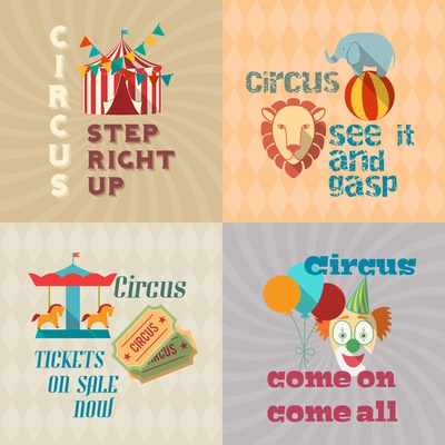 Four retro travel chapiteau circus clown entertaiment exotic animals performance icons composition poster flat isolated vector illustration