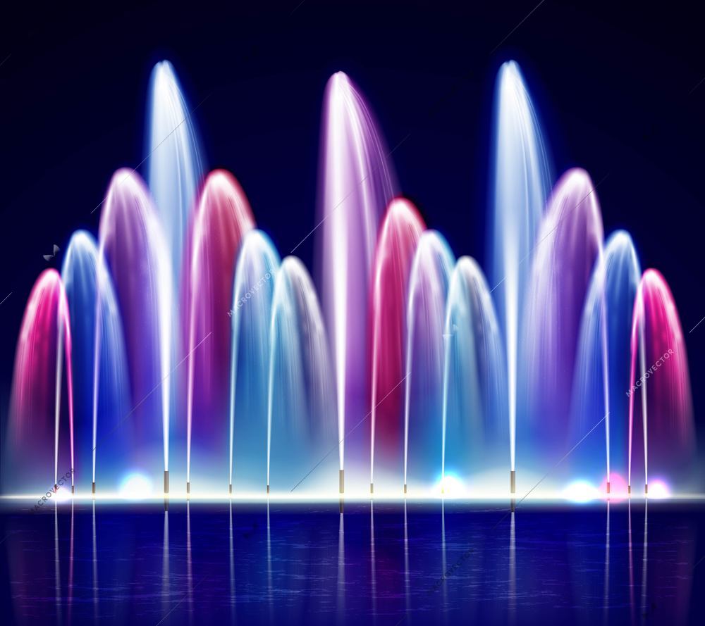 Lit night colorful fountain from water jets of various size on dark background realistic vector illustration