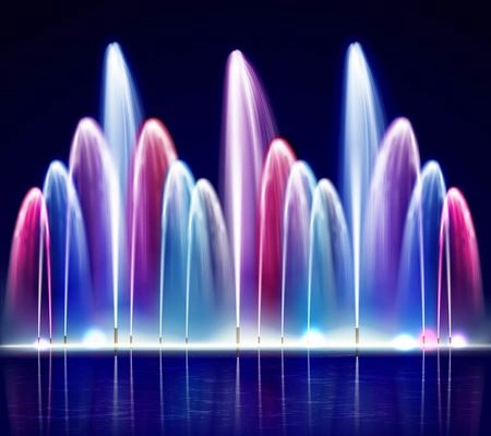 Lit night colorful fountain from water jets of various size on dark background realistic vector illustration