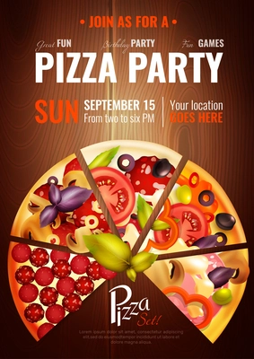 Party poster with slices of different pizza types on wooden background with editable title and date vector illustration