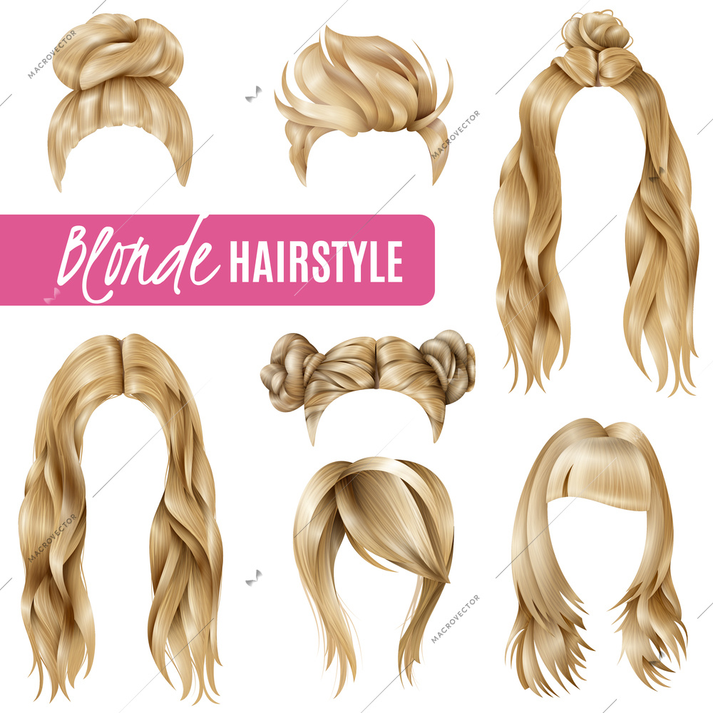 Set of coiffures for blond women with stylish haircuts and long hair, braided strands isolated vector illustration