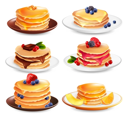 Maple syrup pancakes set of six isolated dish images with different ingredients berries and fruit slices vector illustration