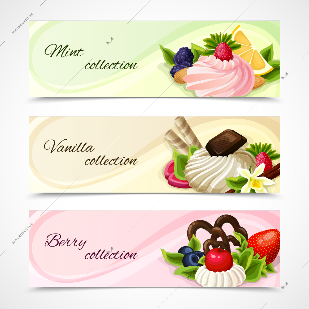 Decorative sweets food horizontal banners mint vanilla and berry collection vector illustration