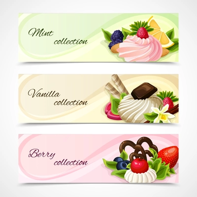 Decorative sweets food horizontal banners mint vanilla and berry collection vector illustration