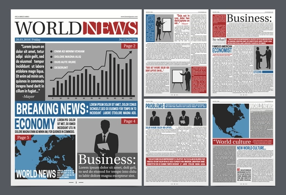 Newspaper economy pages realistic template design with world business news diagrams map businessmen black silhouettes vector illustration